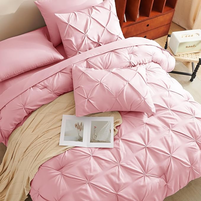 King Comforter Set Pink, 7 Pieces Pintuck Bed in A Bag King Size Bedding, Soft Bed Set All Season Pinch Pleat Comforter Set with Sheets, Pillowcases & Shams