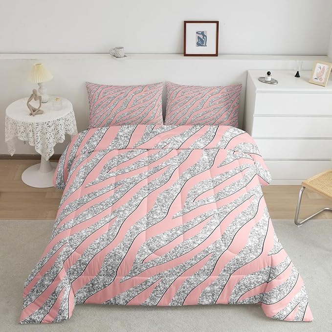 Women Leopard Bedding Set Girls Pink Silver Leopard Print Comforter Set for Kids Boys Teens Glitter Zebra Print Comforter Safari Animal Print Quilt Set Room Decor Duvet Set for All Season Full Size