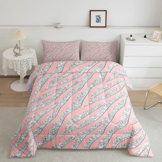 Women Leopard Bedding Set Girls Pink Silver Leopard Print Comforter Set for Kids Boys Teens Glitter Zebra Print Comforter Safari Animal Print Quilt Set Room Decor Duvet Set for All Season Full Size