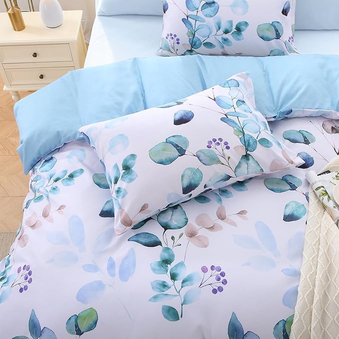 MUXHOMO Bed in a Bag Queen 7 Pieces, Queen Comforter Set Reversible Blue Botanical Flowers Design, Ultra Soft & Breathable Bedding Sets with Comforter, Sheets, Pillowcases & Shams
