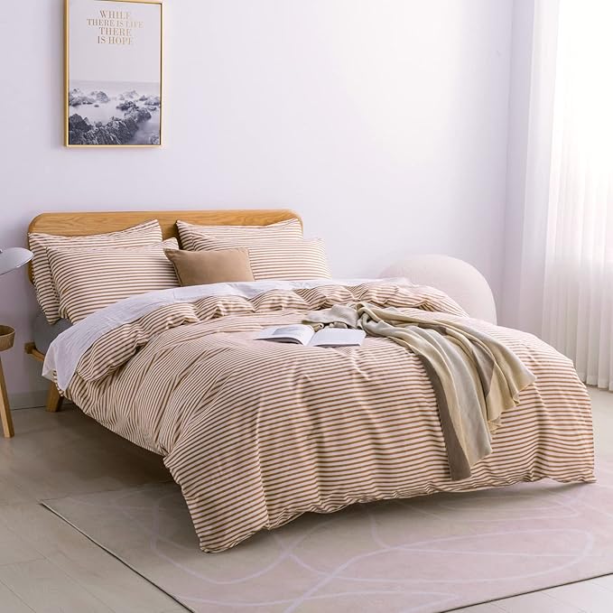 JELLYMONI Queen Duvet Cover Set, Cotton Duvet Cover 3 Pieces with Zipper Closure, 1 Duvet Cover and 2 Pillowcase s(White with Rust Striped)
