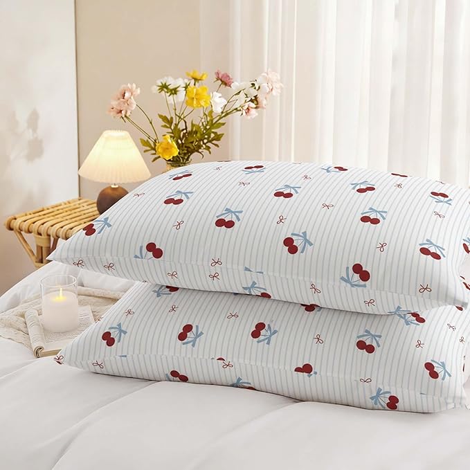 Nayoroom Blue Striped Bow Duvet Cover Queen Size Red Cherry Duvet Cover 3 Pieces Soft Lightweight Microfiber Girls Cute Aesthetic Dorm Bedding Set with Zipper Closure