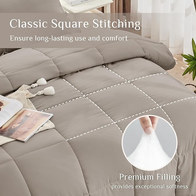 JOLLYVOGUE Queen Comforter Set, Ultra-Soft Bed in a Bag Queen Size 7 Pieces, Oeko-TEX Certified Bedding Set with Down Alternative Comforter, Sheets, Pillowcases & Shams, Khaki
