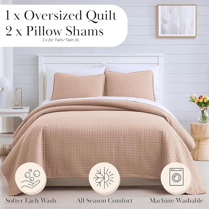 Southshore Fine Living, Inc. Twin Quilt Bedding Set, Stitched Soft Brushed Microfiber Blush Pink Quilt, Twin Coverlet Bedspread, Wrinkle & Pet Hair Resistant Bedding, Easy Care, 1 Pillow Sham, Blush