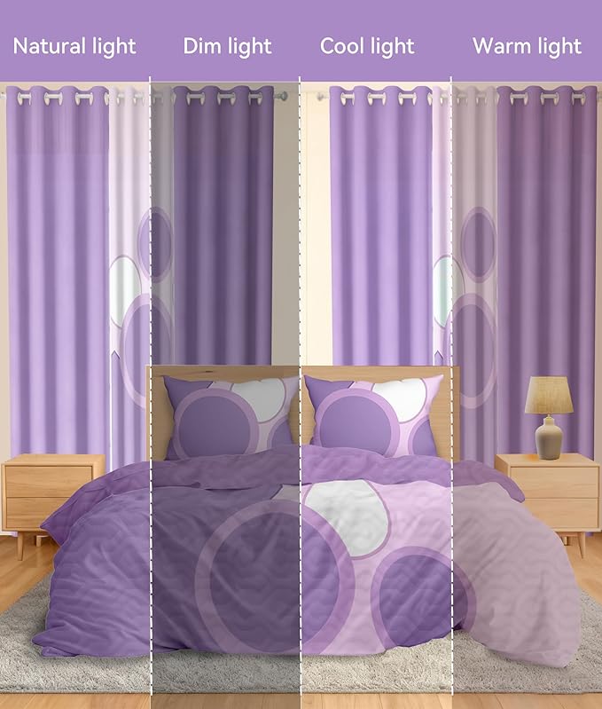 Matching Curtains and Bedding Sets, 1 Bedspread (91"x100") 2 Pillowcases 2 Print 4 Solid Curtains, Purple Dot Microfiber King Bed Cover Set, Wrinkle-Resistant & Easy Care
