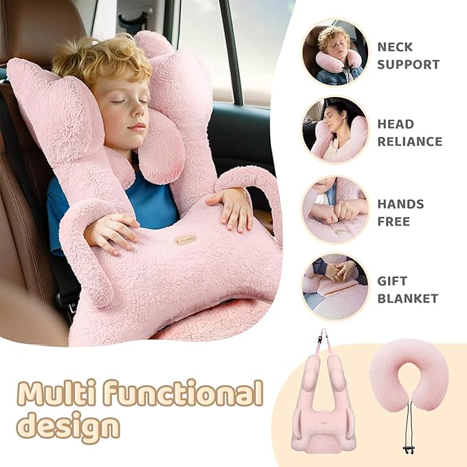 FLORICH Kids Travel Pillow, Car Sleeping Travel Pillow for Kids, Removable H-Shaped Pillow for Adults and Children to Support Head and Body Road Trips with Neck Pillow and Blanket (Pink)