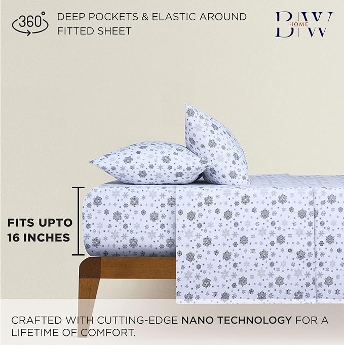 Briarwood Home® Printed Flannel Sheet Set, 100% Natural Cotton, Soft, Warm & Deep Pocket, Advanced Nano-Tech Making it Resistance to Pilling; Brushed 6 Times for Softness (Snowflakes, King)