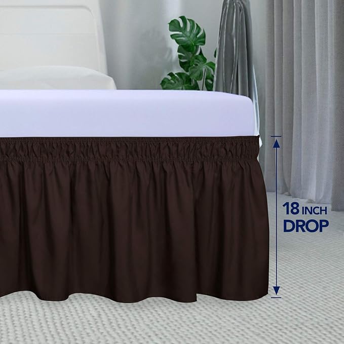 PureFit Wrap Around Ruffled Bed Skirt with Adjustable Elastic Belt - 18 Inch Drop Easy to Put On, Wrinkle Free Bedskirt Dust Ruffles, Bed Frame Cover for Queen, King and C-King Size Beds, Chocolate