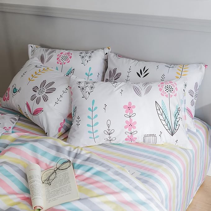 HighBuy Floral Printed Bedding Set Twin XL Duvet Cover Girls Cotton Comforter Cover Twin XL Size Garden Aesthetic Reversible Striped Bedding Sets 3 Piece Boho Comforter Cover Duvet Cover Set