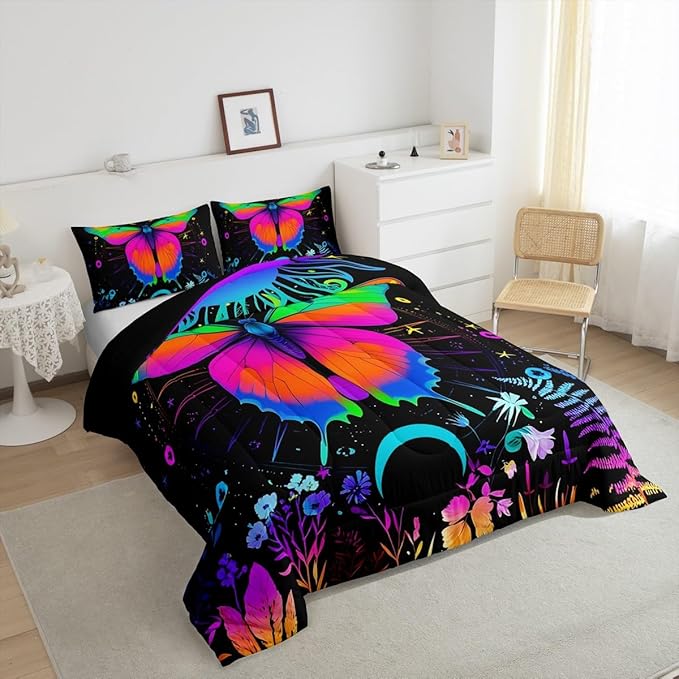 Erosebridal Moth Comforter Set King Hippie Psychedelic Sun and Moon Bedding Set,Purple Blue Ombre Galaxy Floral Botanical Comforter for Girls Teens Women Stars Planet Quilt Duvet 2 Pillowcases