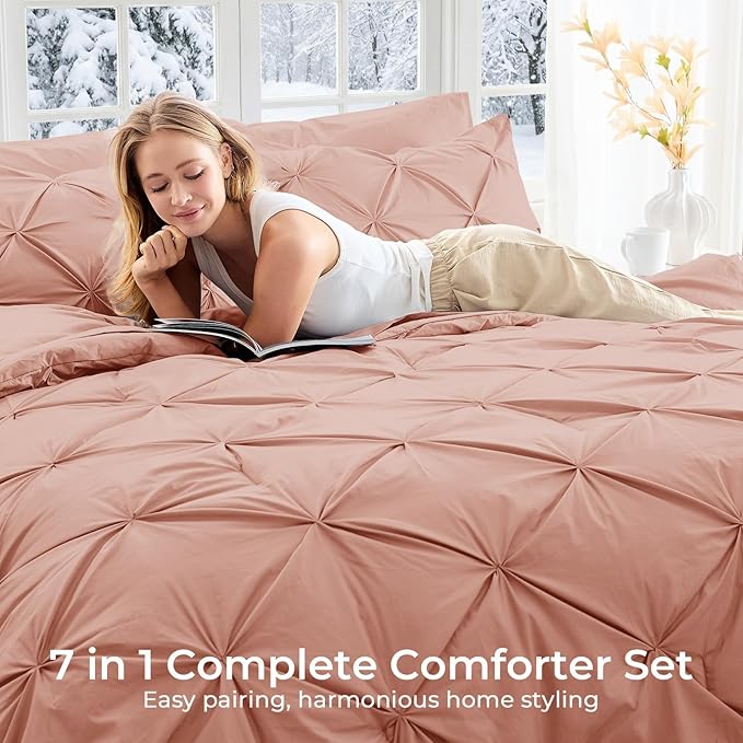 Sasttie King Size Comforter Set, 7-Piece Bed in a Bag, Pintuck Bedding Set for All Season, Includes Comforter, Flat Sheet, Fitted Sheet, Pillowcases and Pillowshams, Blush