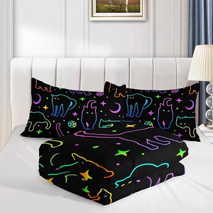Black Cat Bedding Cartoon Cat Comforter Set Queen,Moon Stars Printed Kids Bedding Set for Boys Girls Adults Room Decor,Kids Comforter Set All Season,1 Quilt 2 Pillow Cases,Neon Color Blue Green