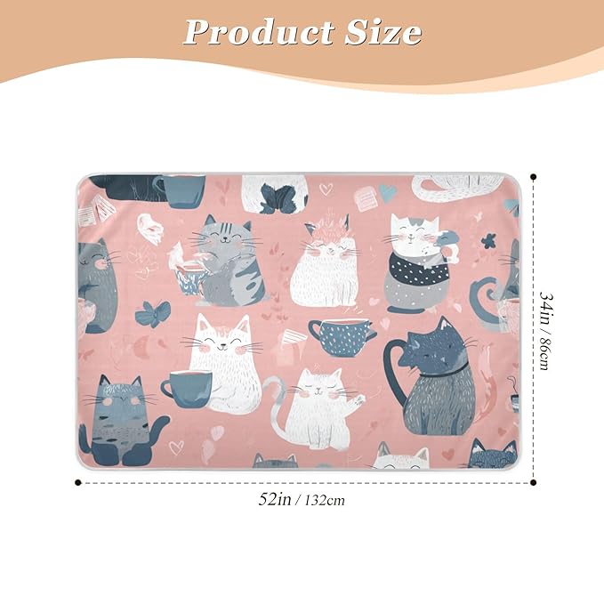 Waterproof Bed Pad Reusable Changing Pad Toddler Mattress Protector Large Pee Pad Baby Diaper Pad Soft Washable Liner Pink Cat and Coffee