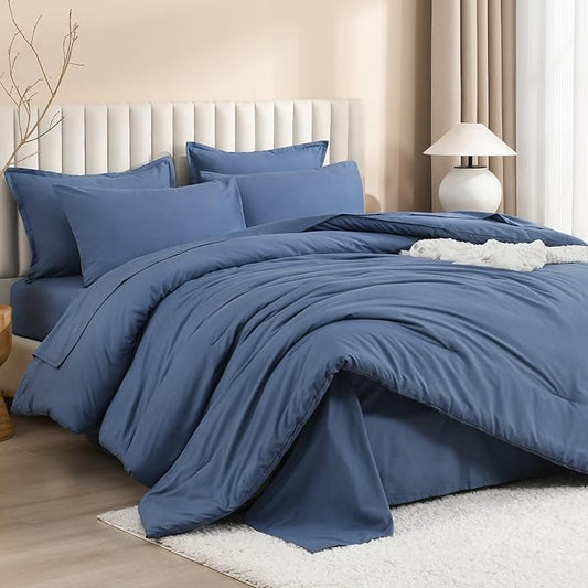 Litanika Queen Comforter Set Ocean Blue - 7 Pieces Bed in a Bag Queen Bedding Comforter Sets, Solid Lightweight Bed Set with Comforter, Sheets, Pillowcases & Shams
