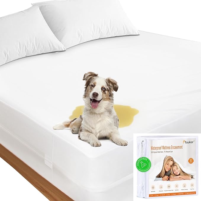 Zippered Queen Mattress Protector Waterproof Cover 60"x80" Fits 6-9 inch Depth, Ptsuker Fully Encased Encasement Liquid Proof Urine Pee Protection