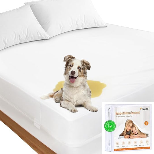 Zippered Queen Mattress Protector Waterproof Cover 60"x80" Fits 6-9 inch Depth, Ptsuker Fully Encased Encasement Liquid Proof Urine Pee Protection