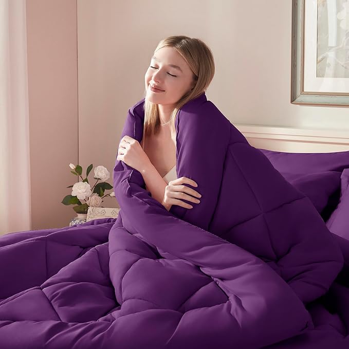 ELNIDO QUEEN® Purple King Size Comforter Set - 7 Pieces Comforter King Size, Ultra Soft Bed in a Bag Bedding Sets with All Season Comforter, Flat Sheet, Fitted Sheet and Pillowcases and Shams