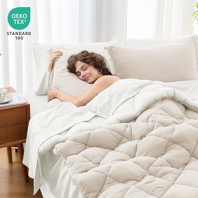 MUXHOMO 7 Pieces California King Comforter Set, Reversible Bed in a Bag Cal King Size, All Season Bedding Set with Comforter, Flat Sheet, Fitted Sheet, Pillowcases & Shams, Beige & White