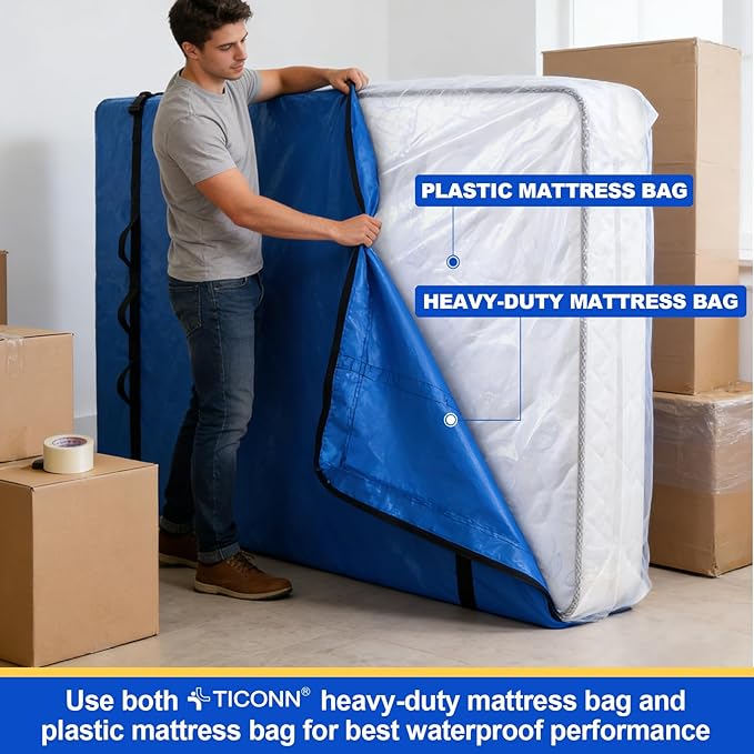 TICONN 2PK Plastic Mattress Bag for Moving Storage, Waterproof Mattress Protector Cover, Heavy-Duty Mattress Moving Supplies (4 mil, Twin)