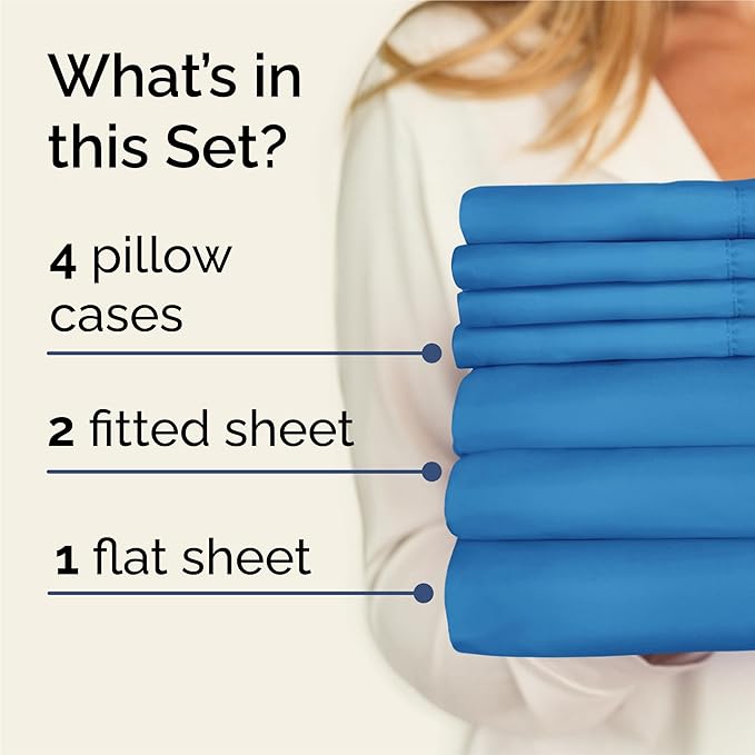 Split King 7 Piece Sheet Set - Comfy Breathable & Cooling - Soft Hotel Luxury Bedding Set with 8-16 Inch Deep Pockets - 1 Flat & 2 Fitted Sheet & 4 Pillowcases - Wrinkle Free & Easy Care - Denim Blue