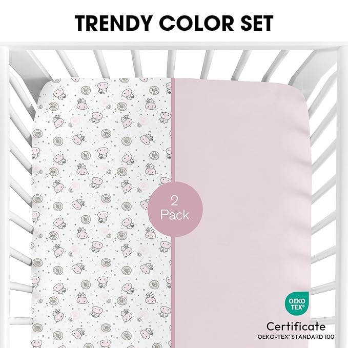 Little Grape Land Crib Sheets 2 Pack for Boys and Girls, Baby Neutral Crib Fitted Sheets for Standard Crib & Toddler Mattress, Super Soft Breathable Fitted Crib Sheet Set, Flying Cow