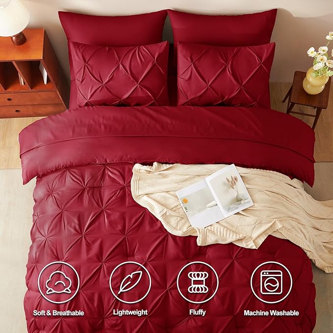 Queen Comforter Set Dark Red, 7 Pieces Pintuck Bed in A Bag Queen Size Bedding, Soft Bed Set All Season Pinch Pleat Comforter Set with Sheets, Pillowcases & Shams