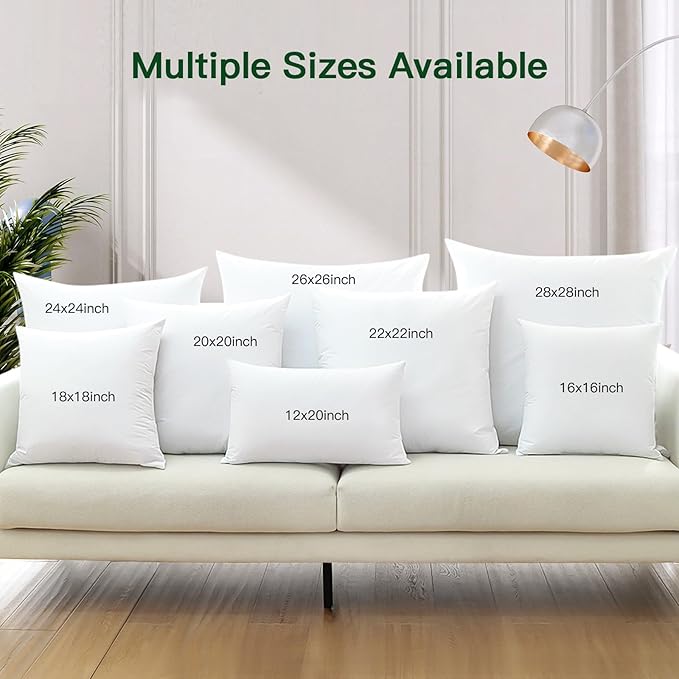 OTOSTAR Pack of 2 Down and Feather Throw Pillow Inserts, 24 x 24 Soft Fluffy Square Pillow Inserts with 100% Cotton Cover Decorative Pillows for Sofa Couch Bed-White