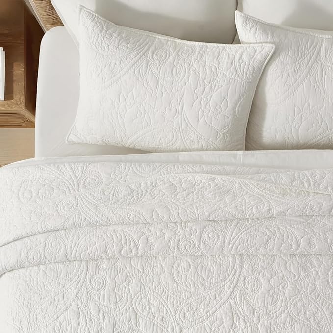 EVERGRACE 100% Cotton Paisley Quilt Set, Queen Size 3 Piece Set – Prewashed Lightweight Bedspread with 2 Shams, Soft & Breathable Matelasse Coverlet for All-Season Comfort, Bright White