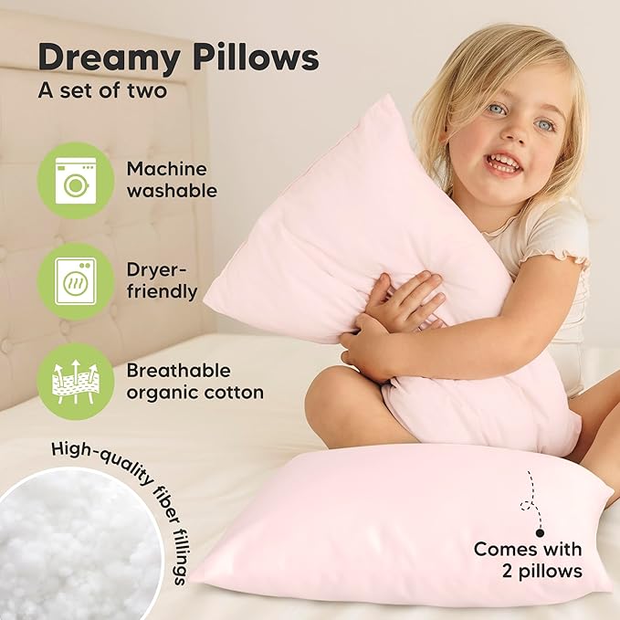 KeaBabies 2-Pack Toddler Pillows 2 Year Old to 5-13x18 Soft Organic Cotton Kids Pillow for Sleeping, Travel, School, Daycare, Nap, Toddler Bed, Machine Washable, Without Pillowcase (Mist Pink)