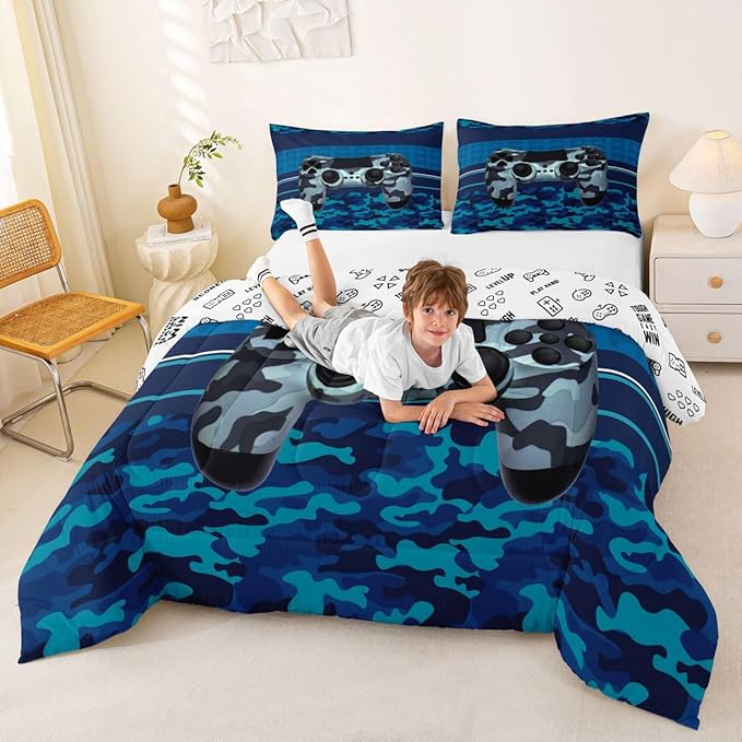Feelyou Gamer Comforter Set Camouflage Gaming Video Game Bedding Set for Kids Boys Children Blue Camo Gamer Console Comforter Soft Gamepad Decor Quilt Set Toddler Size