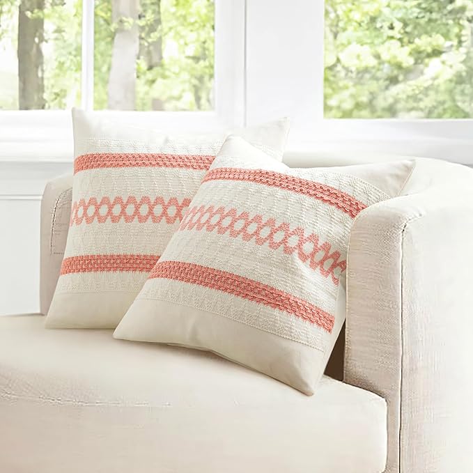 MIULEE Set of 2 Coral Red Boho Valentines Decorative Pillow Covers 18x18 Inch Farmhouse Rustic Couch Throw Pillows Modern Spring Cotton Cushion Covers Cute Macrame Woven Home Decor for Bed Sofa Chair