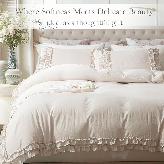 Bedorm Beige Duvet Cover Twin Shabby Chic Bedding Soft Breathable Washed Microfiber Ruffle Duvet Cover Coquette Cute Comforter Cover Girls Women