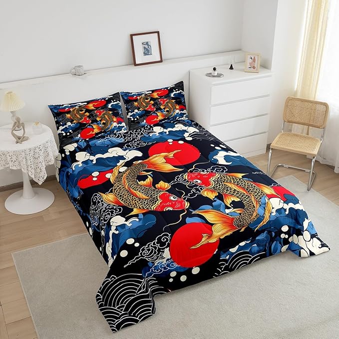 Feelyou Japanese Bedding Set Japanese Ukiyoe Fish Comforter Set for Kids Boys Girls Teens Decor Ocean Surfing Koi Comforter Exotic Quilt for All Season 3Pcs King Size with 2 Pillow Case