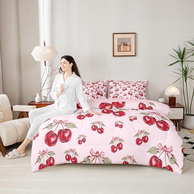 Feelyou Red Cherry Comforter Set with Sheets 7 Piece Twin Size Pink Bowknot Bed in a Bag Kids Boys Girls Cartoon Cherry Bedding Set Cute Bow Bedroom Decor Breathable Soft Lightweight Microfiber