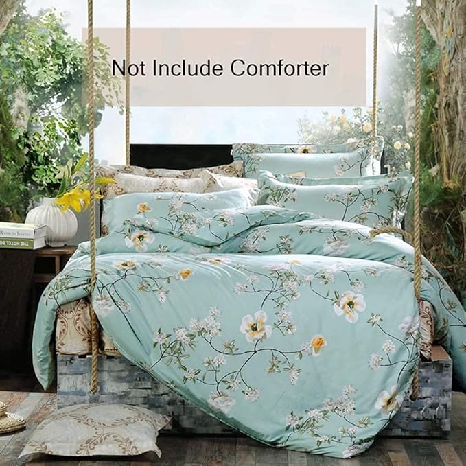 Nanko Full Size Duvet Cover Set, Green Floral Leaf Print Pattern, Microfiber Comforter Quilt Bedding Cover with Zip Ties - Spring Modern Farmhouse Bed Sets for Women Men, Teal Flower 3pc 80 x 90