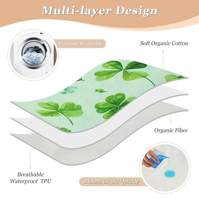 Waterproof Bed Pad Reusable Changing Pad Toddler Mattress Protector Large Pee Pad Baby Diaper Pad Soft Washable Liner Light Green St Patrick Clovers
