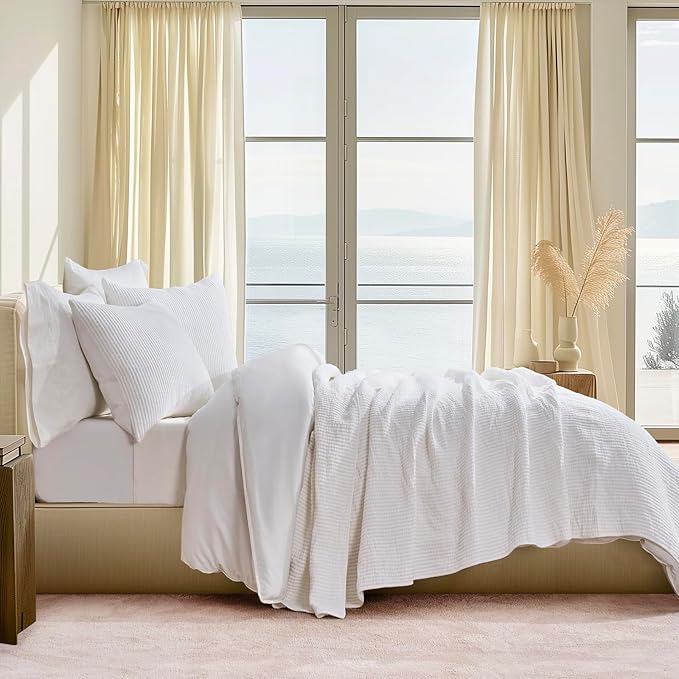 EVERGRACEHOME Cotton Coverlet Set King Size 3 Pieces, Lightweight Soft Ribbed Matelassé Bedspread Quilt Set, Cozy Oversized Quilted Bedding Set with 2 Pillow Shams for All Seasons, Ivory White