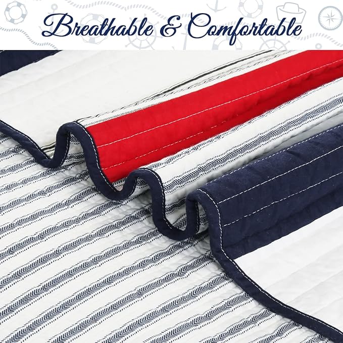 Cozy Line Home Fashions 100% Cotton Sailor Navy Blue Star Striped Reversible Bedding Quilt Set (Patriotic Stripe, Twin)
