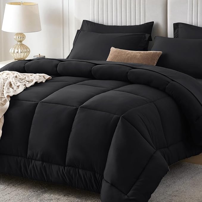 Sasttie King Size Comforter Set Black, 7 Pieces Bed in a Bag King, Complete Bedding Set Includes Comforter, Flat Sheet, Fitted Sheet, Pillowcases and Pillow Shams, Black