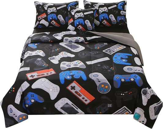 JQinHome Twin Gamer Comforter Set for Boys,6 Piece Bed in A Bag 3D Video Game Bedding -All Season Soft Microfiber Down Alternative Comforter Gamer Bedding Sets for Kids