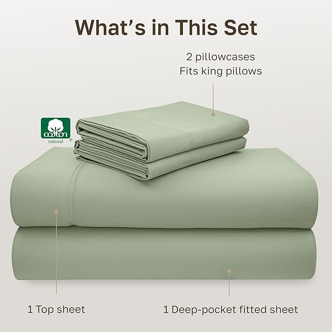 California Design Den Natural 100% Cotton Bed Sheets King Size Set - Luxury 600 Thread Count Sateen, Hotel Quality King Size Sheet Set, Fully Elasticized Deep Pockets, Cool and Durable - Laurel Green