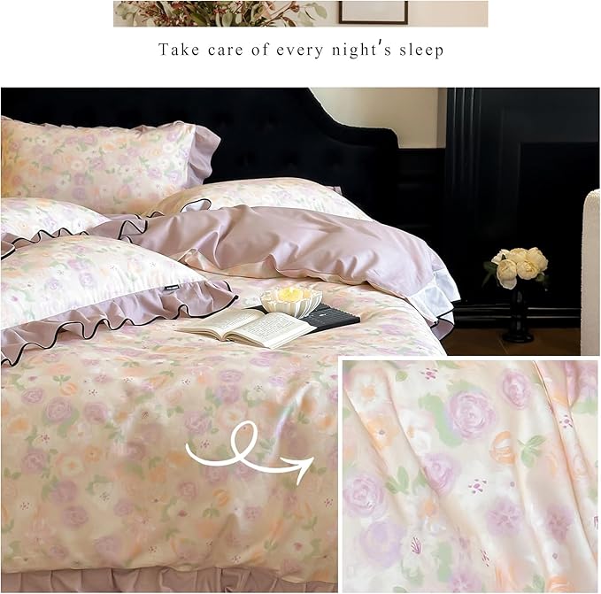HighBuy Floral Ruffle Duvet Cover Queen Vintage Purple Floral Lace Ruffle Coquette Bedding Set Brushed Cotton Soft Breathable Durable Farmhouse Bedding Set with 4 Corner Ties,Queen