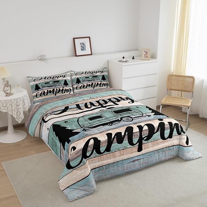 Camper Comforter King Size Happy Camping Bedding for Boys Kids Girls Rustic Farmhouse Style Comforter Set, Camper Accessories for Travel Trailers, Camper Must Haves,Teal Blue Vintage Wooden Quilt Set