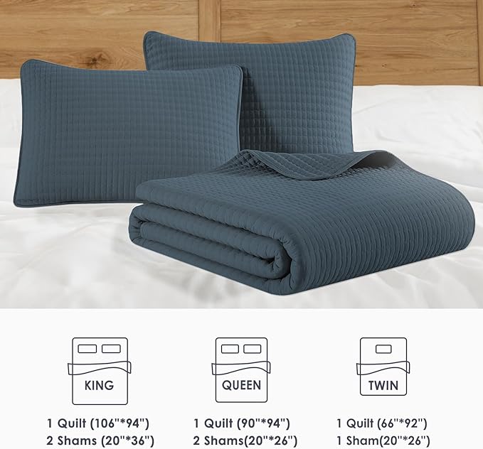 WRENSONGE King Size Quilt-3 Pieces Lightweight Navy Blue Bedspreads King Quilt Bedding Set for All Season, Soft Summer Coverlet with 2 Pillow Shams Suitable for Bed & Couch