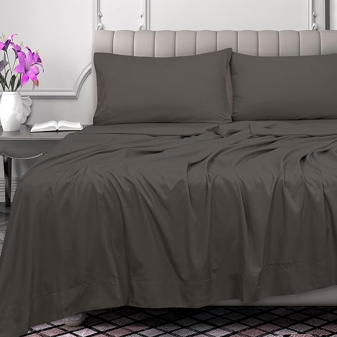 Royale Linens 300 Thread Count 100% Long Staple Combed Cotton Flat Sheet - Super Soft - Top Sheets - California King Flat Sheet Sold Separately - Breathable, Cool & Crisp Sheets Only (Cal King, Grey)