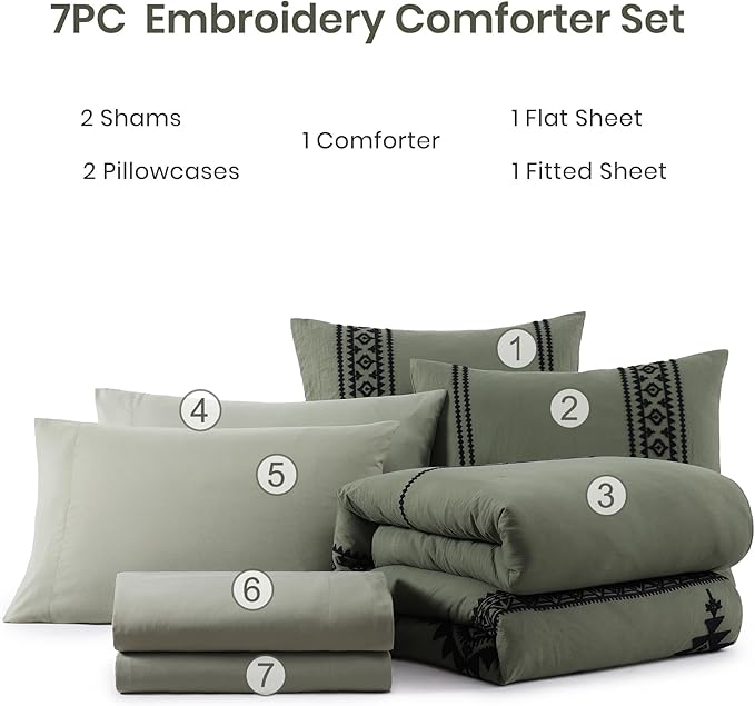 MaiRêve Embroidery Oversized King Size Comforter Set Olive Green, Boho Farmhouse Western Bedding Set 7 Pieces, All Season Bed in A Bag Comforter Set with Sheets, Pillowcases & Shams