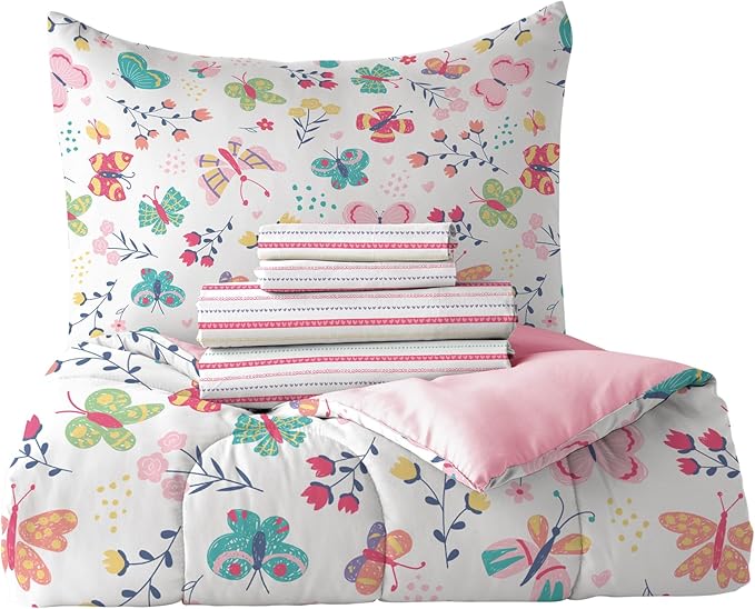 Dream Factory Kids 5-Piece Complete Bed Set Easy-Wash Super Soft Microfiber Comforter Bedding, Twin, Pink Butterfly Garden