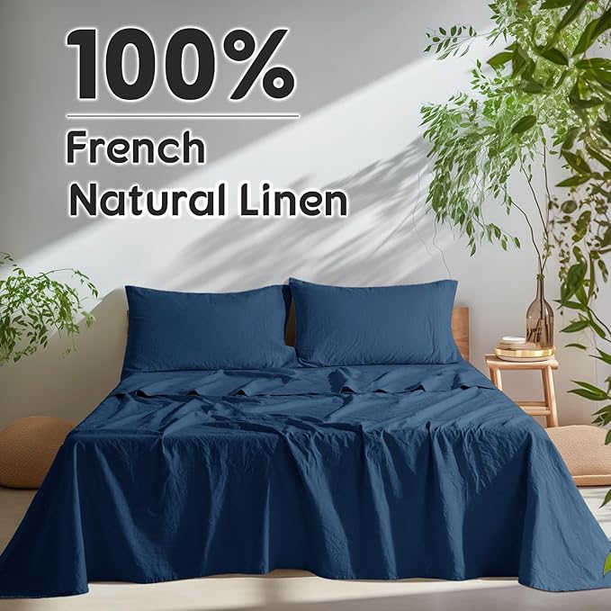 SONORO KATE 100% French Pure Linen Sheets, Breathable and Durable Linen King Size Sheets, Anti-Tear Linen Bed Sheets, Machine Washable, 16 Inch Deep Pocket - 4 Piece (Navy Blue, King)