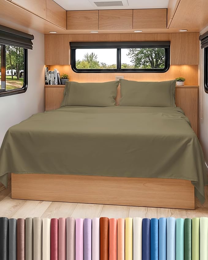 RV Short Queen Sheet Set 60 X 75 - 4 Piece RV Short Queen Bed Sheets - Soft, Breathable & Cooling - Designed for Bunks, Trailers and Campers - Fits 8” to 12" Mattress - Hotel Luxury Bedding - Khaki
