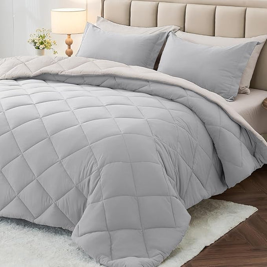 MUXHOMO 5 Pieces Twin Comforter Set, Reversible Bed in a Bag Twin Size, All Season Bedding Set with Comforter, Flat Sheet, Fitted Sheet, Pillowcases & Shams, Light Grey & Beige